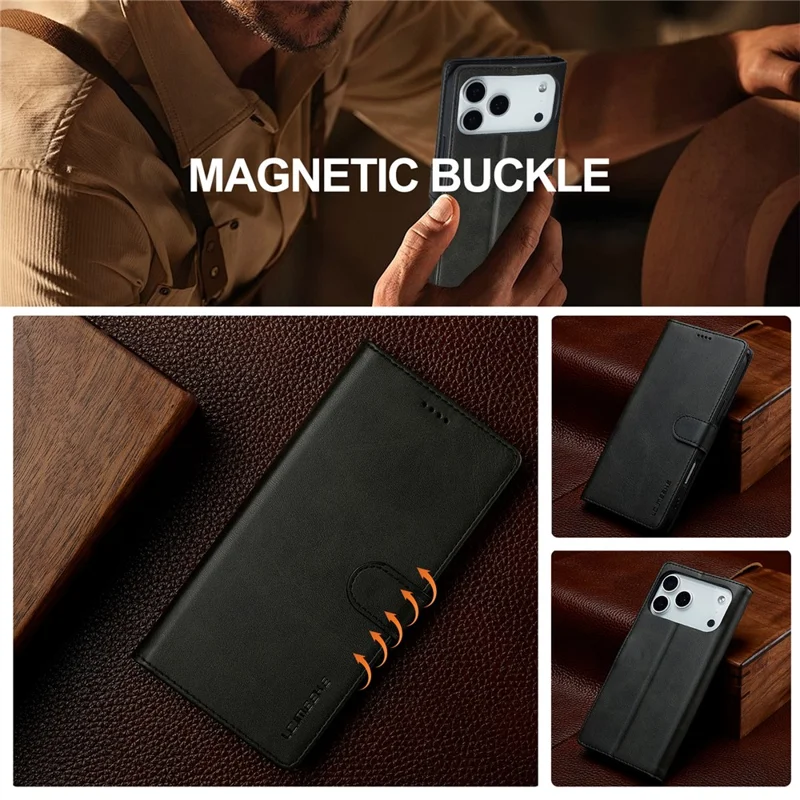LC.IMEEKE For iPhone 17 Pro Max Case Calf Texture PU Leather Stand Wallet Phone Cover - Black