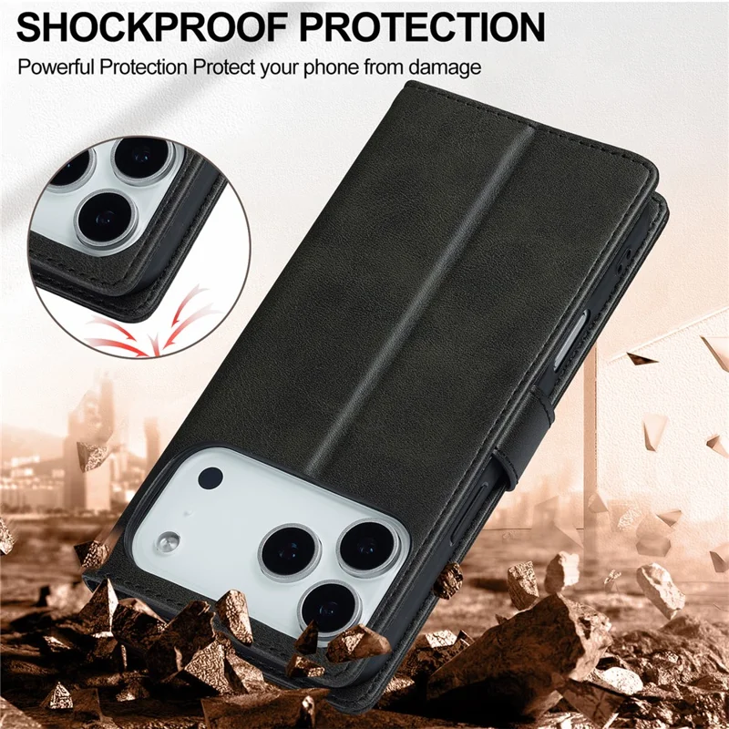 LC.IMEEKE For iPhone 17 Pro Max Case Calf Texture PU Leather Stand Wallet Phone Cover - Black