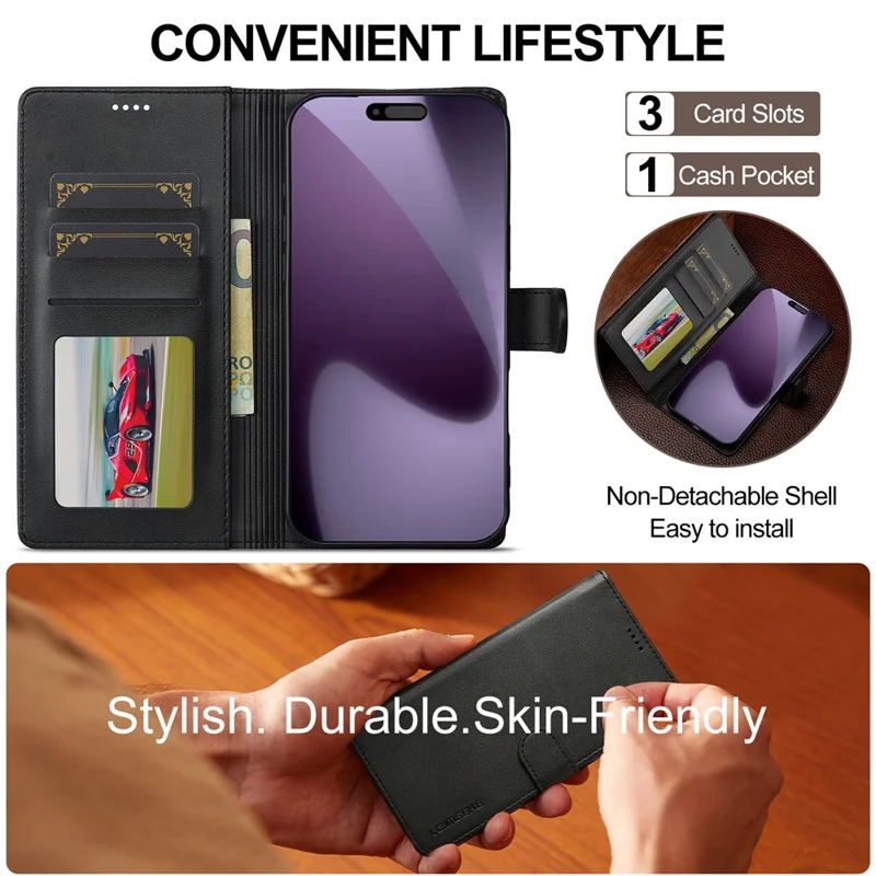 LC.IMEEKE For iPhone 17 Pro Max Case Calf Texture PU Leather Stand Wallet Phone Cover - Black