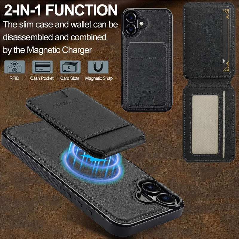 LC.IMEEKE L3 For iPhone 17 Magnetic Case Detachable Card Holder Leather TPU Mobile Cover - Black