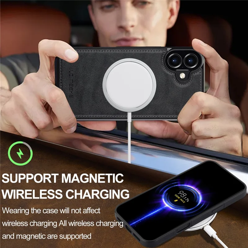 LC.IMEEKE L3 For iPhone 17 Magnetic Case Detachable Card Holder Leather TPU Mobile Cover - Black