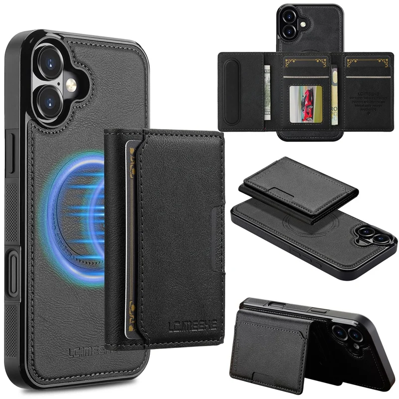 LC.IMEEKE L5 For iPhone 17 Magnetic Phone Case Leather Back Cover with Detachable Card Holder - Black