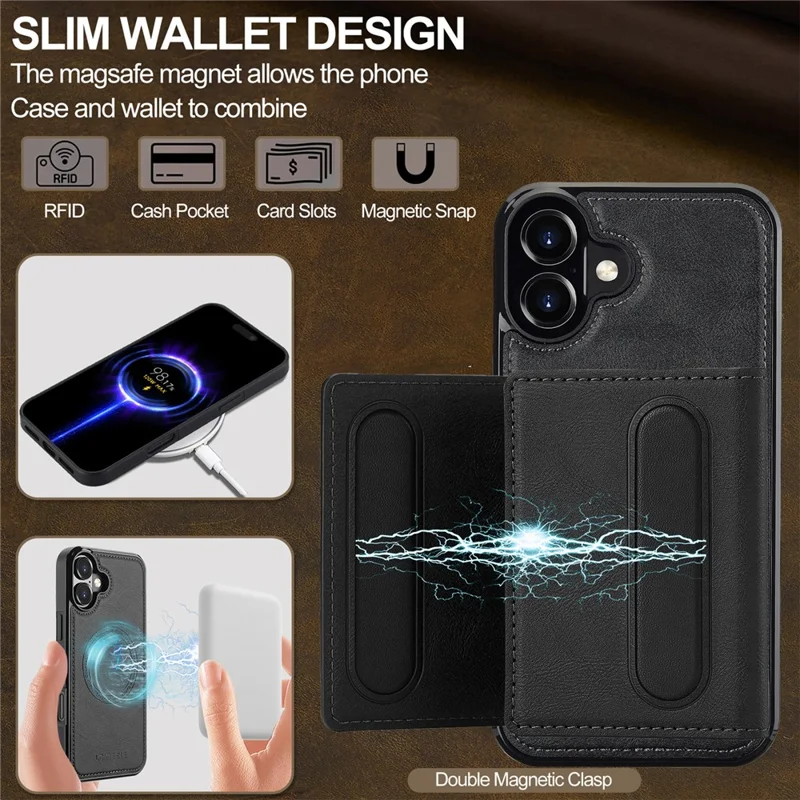 LC.IMEEKE L5 For iPhone 17 Magnetic Phone Case Leather Back Cover with Detachable Card Holder - Black