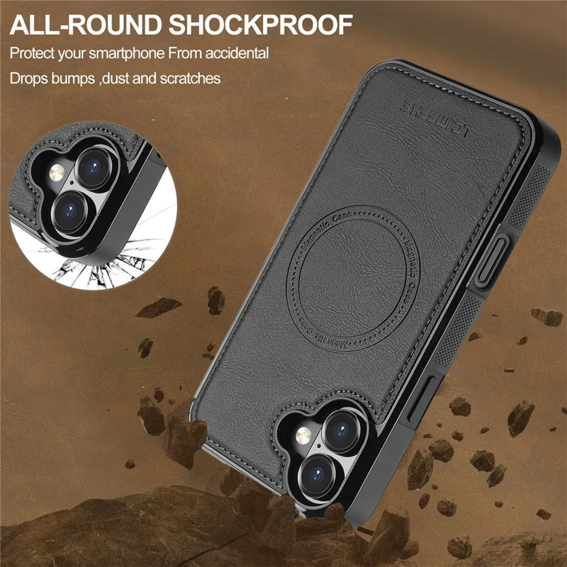 LC.IMEEKE L5 For iPhone 17 Magnetic Phone Case Leather Back Cover with Detachable Card Holder - Black