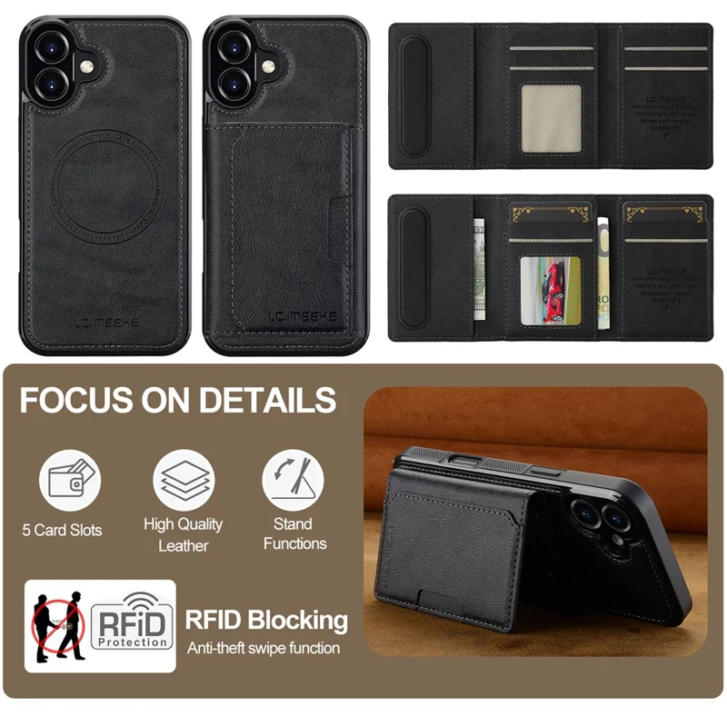 LC.IMEEKE L5 For iPhone 17 Magnetic Phone Case Leather Back Cover with Detachable Card Holder - Black