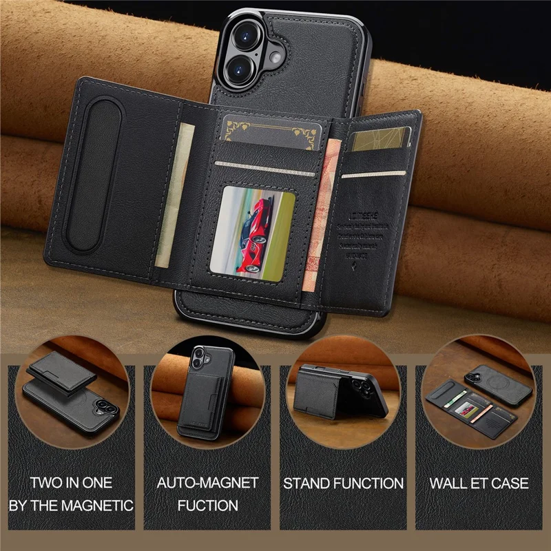 LC.IMEEKE L5 For iPhone 17 Magnetic Phone Case Leather Back Cover with Detachable Card Holder - Black