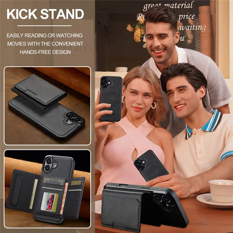 LC.IMEEKE L5 For iPhone 17 Magnetic Phone Case Leather Back Cover with Detachable Card Holder - Black