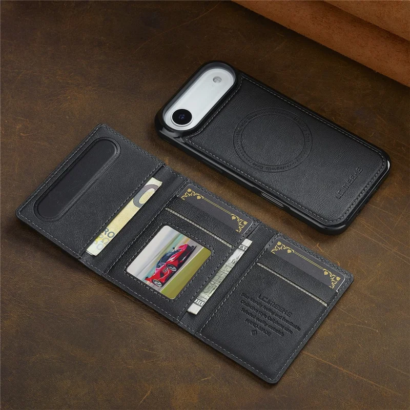 LC.IMEEKE L5 per iPhone 17 Custodia magnetica per telefono in pelle con porta carte staccabile - Nero