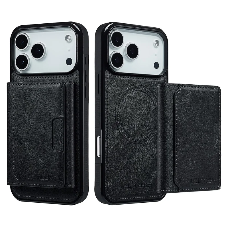 LC.IMEEKE L5 For iPhone 17 Pro Magnetic Phone Case Leather Back Cover with Detachable Card Holder - Black