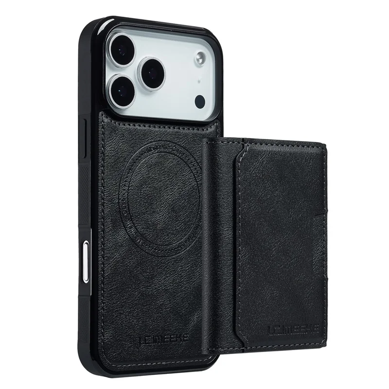 LC.IMEEKE L5 For iPhone 17 Pro Magnetic Phone Case Leather Back Cover with Detachable Card Holder - Black