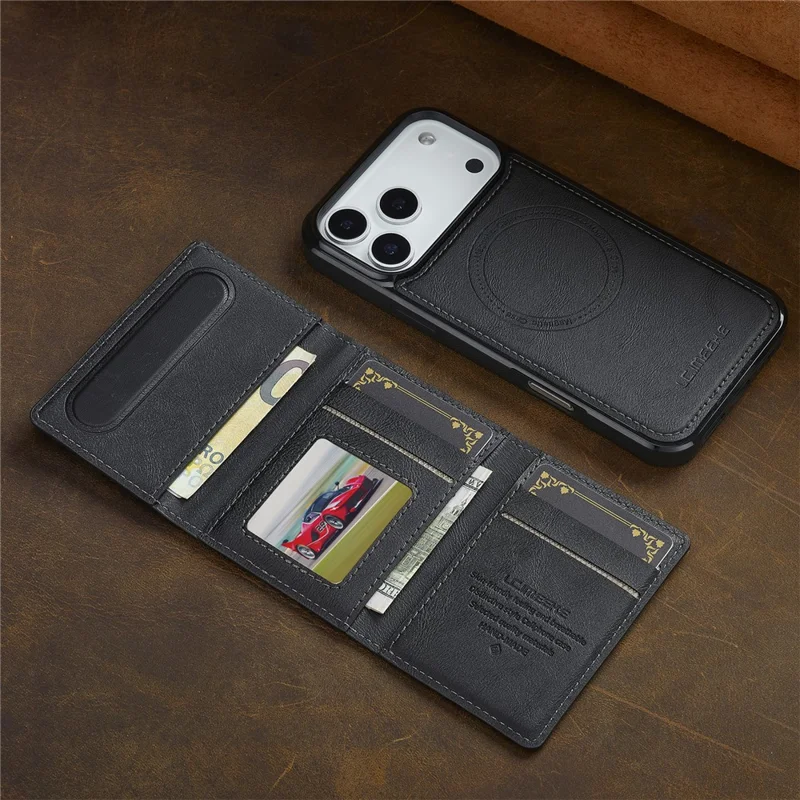 LC.IMEEKE L5 For iPhone 17 Pro Magnetic Phone Case Leather Back Cover with Detachable Card Holder - Black