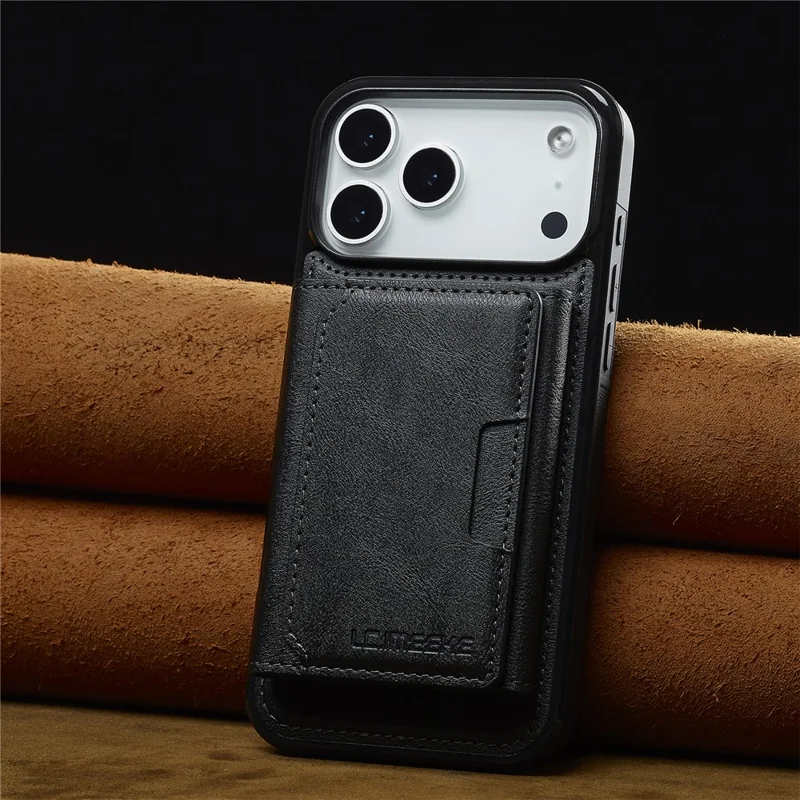 LC.IMEEKE L5 For iPhone 17 Pro Magnetic Phone Case Leather Back Cover with Detachable Card Holder - Black