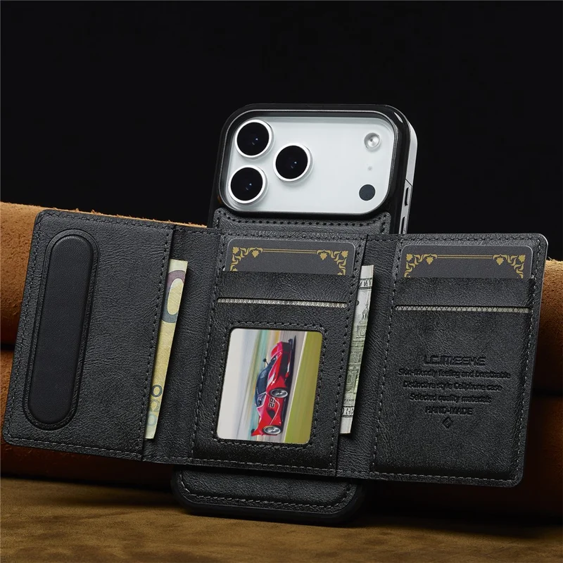 LC.IMEEKE L5 For iPhone 17 Pro Magnetic Phone Case Leather Back Cover with Detachable Card Holder - Black