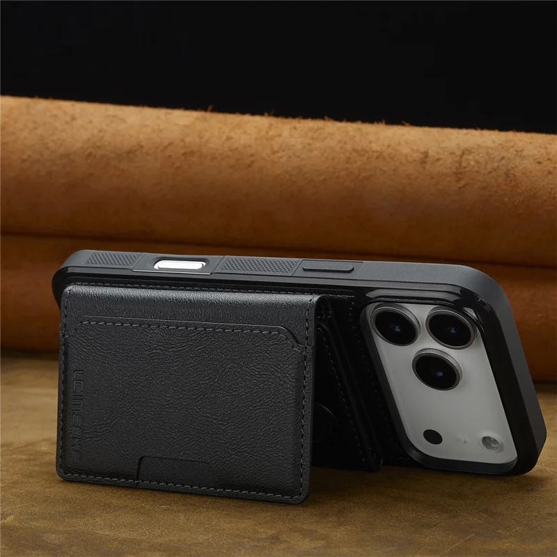 LC.IMEEKE L5 For iPhone 17 Pro Magnetic Phone Case Leather Back Cover with Detachable Card Holder - Black