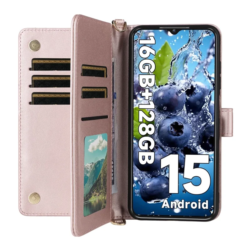 For Oukitel C1 / C1 Pro Case with Shoulder / Wrist Strap Leather Phone Cover Stand Wallet - Pink