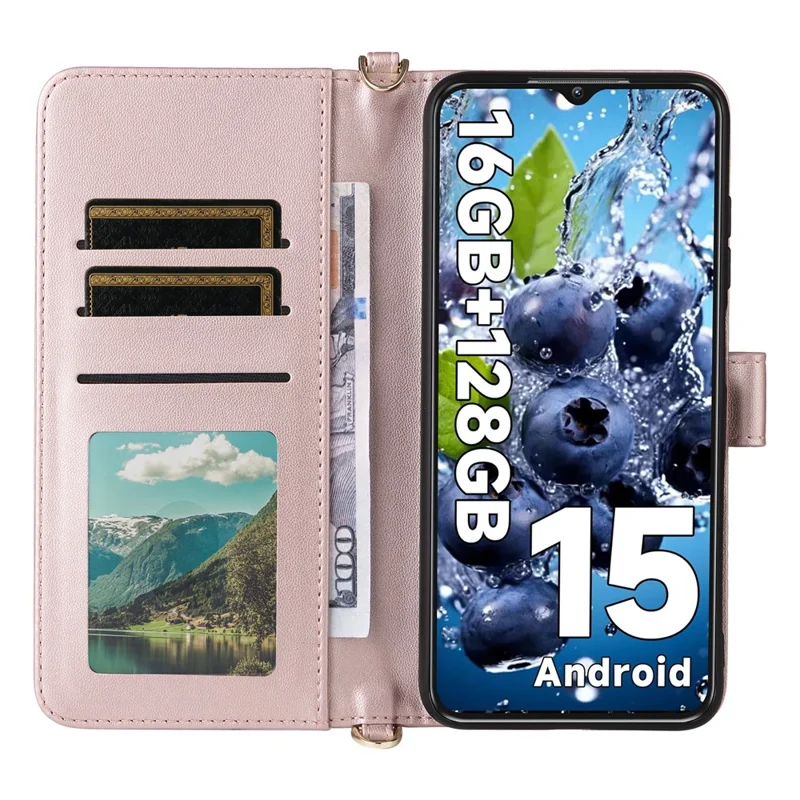 For Oukitel C1 / C1 Pro Case with Shoulder / Wrist Strap Leather Phone Cover Stand Wallet - Pink