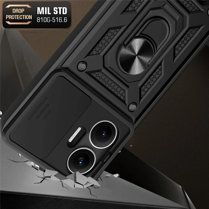 For Xiaomi Redmi Turbo 4 Pro 5G  /  Poco F7 5G Case with Slide Camera Lid PC + TPU Kickstand Phone Cover - Black