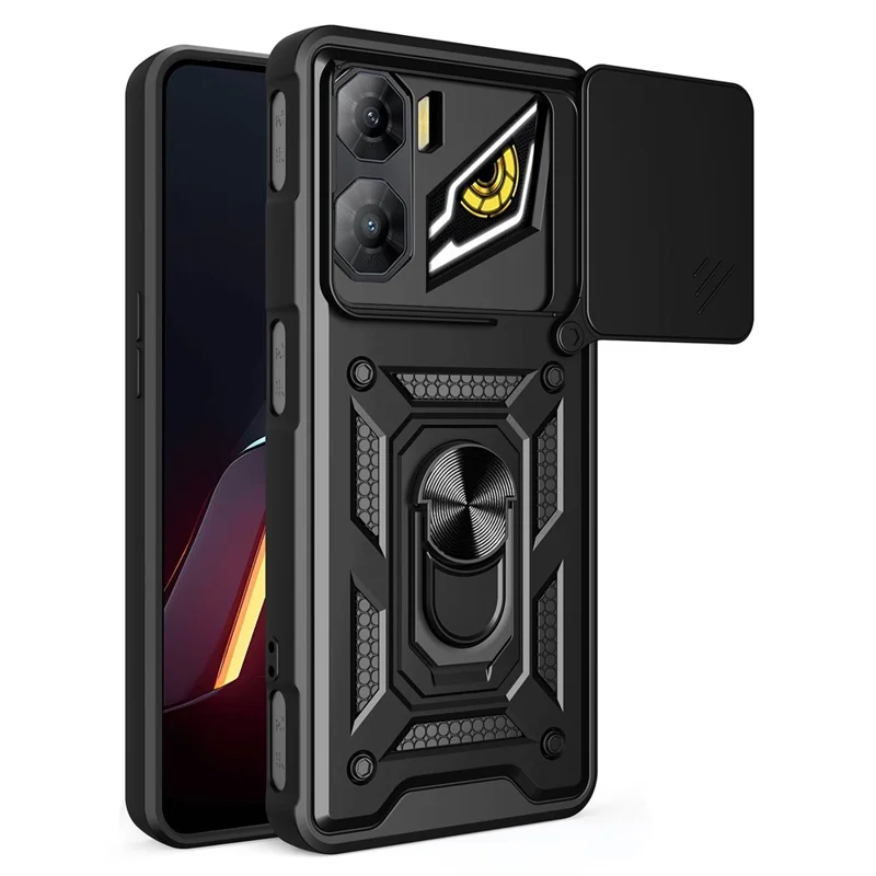 For ZTE nubia Neo 3 5G Case with Slide Camera Lid PC + TPU Kickstand Phone Cover - Black
