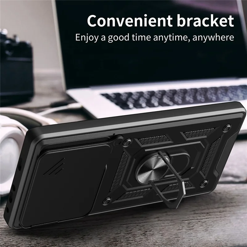 For ZTE nubia Neo 3 5G Case with Slide Camera Lid PC + TPU Kickstand Phone Cover - Black