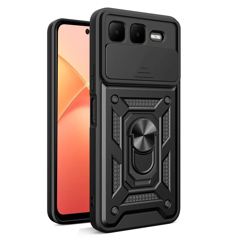 For Infinix Smart 10 Plus Case with Slide Camera Lid PC + TPU Kickstand Phone Cover - Black