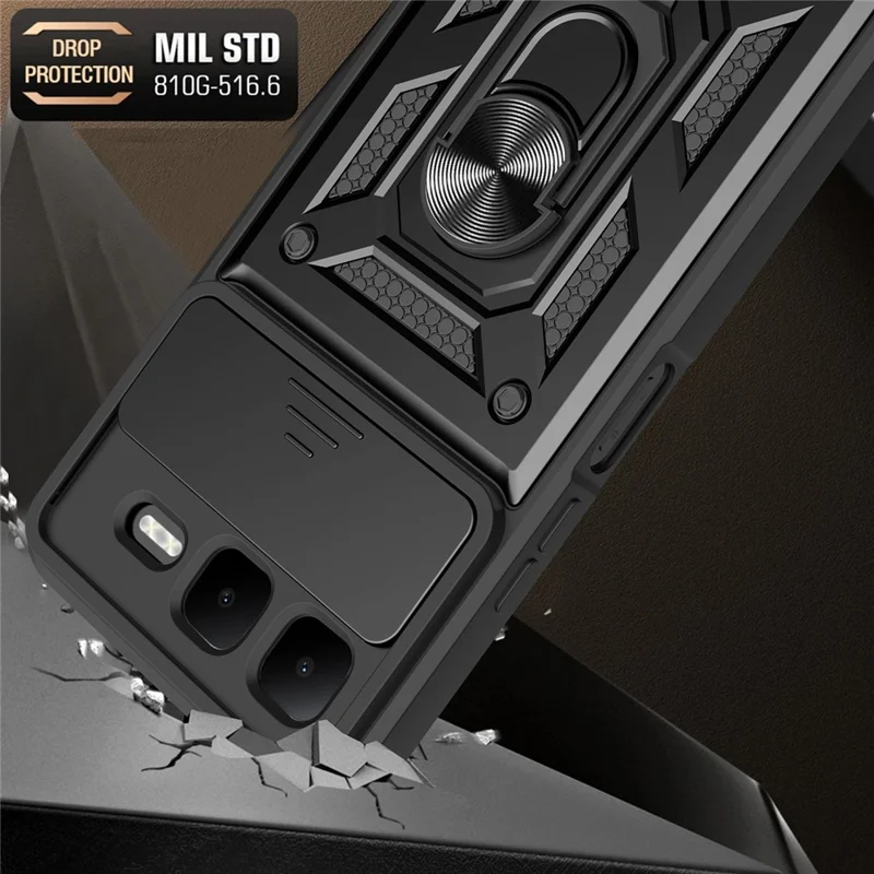 For Infinix Smart 10 Plus Case with Slide Camera Lid PC + TPU Kickstand Phone Cover - Black