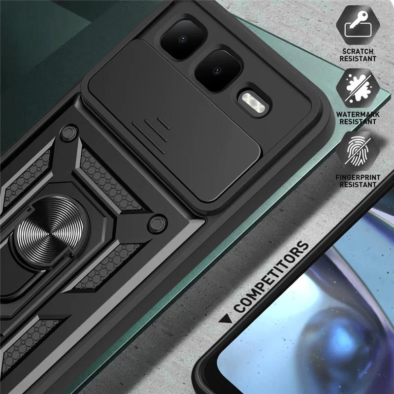 For Infinix Smart 10 Plus Case with Slide Camera Lid PC + TPU Kickstand Phone Cover - Black