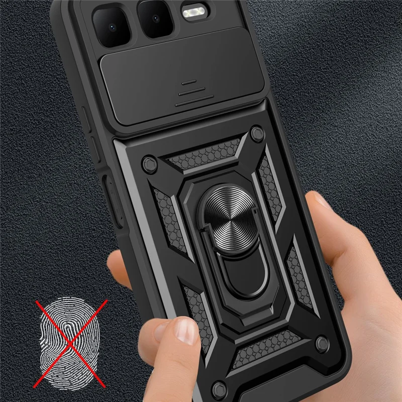 For Infinix Smart 10 Plus Case with Slide Camera Lid PC + TPU Kickstand Phone Cover - Black