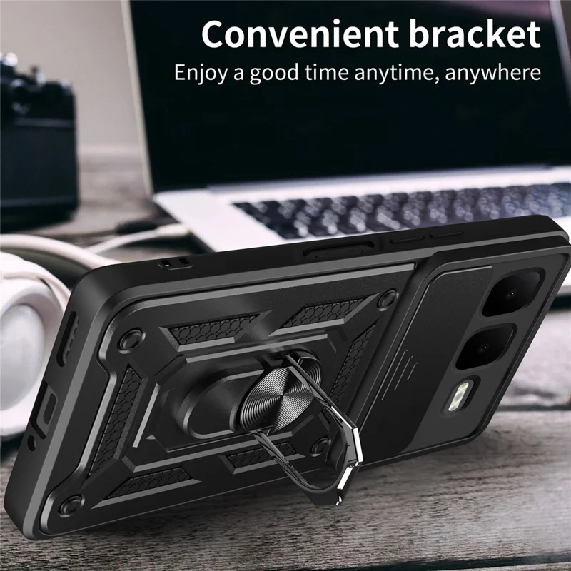 For Infinix Smart 10 Plus Case with Slide Camera Lid PC + TPU Kickstand Phone Cover - Black