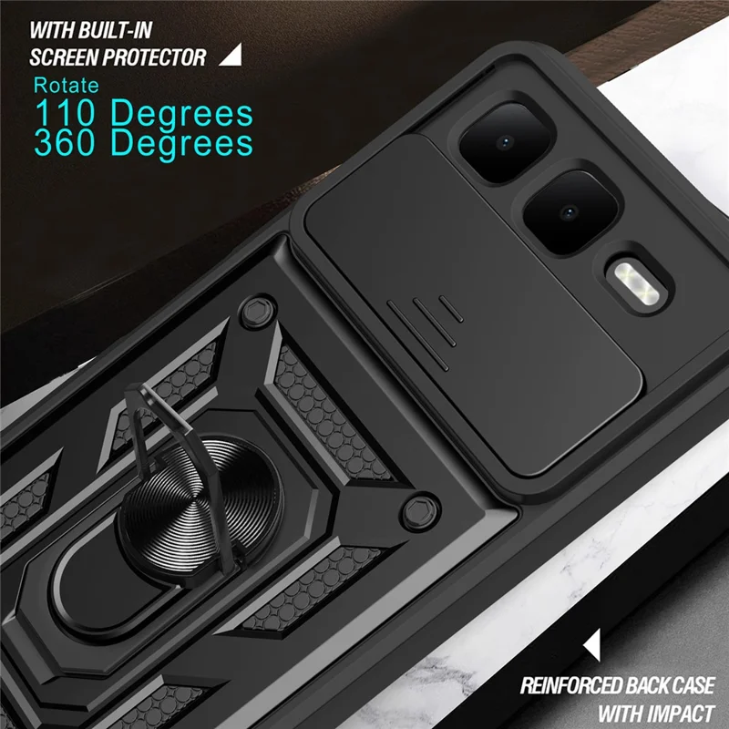 For Infinix Smart 10 Plus Case with Slide Camera Lid PC + TPU Kickstand Phone Cover - Black