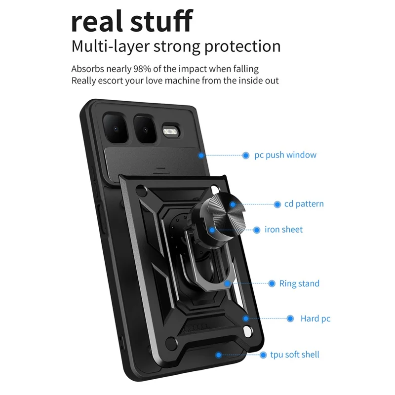 For Infinix Smart 10 Plus Case with Slide Camera Lid PC + TPU Kickstand Phone Cover - Black