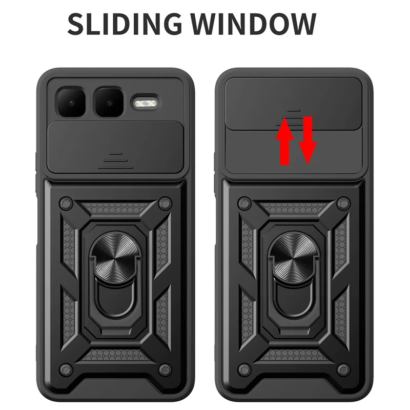 For Infinix Smart 10 Plus Case with Slide Camera Lid PC + TPU Kickstand Phone Cover - Black