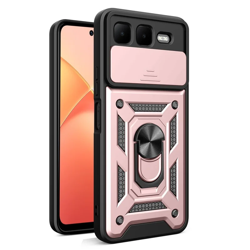 For Infinix Smart 10 Plus Case with Slide Camera Lid PC + TPU Kickstand Phone Cover - Rose Gold
