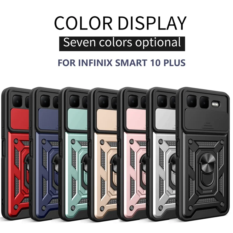 For Infinix Smart 10 Plus Case with Slide Camera Lid PC + TPU Kickstand Phone Cover - Rose Gold