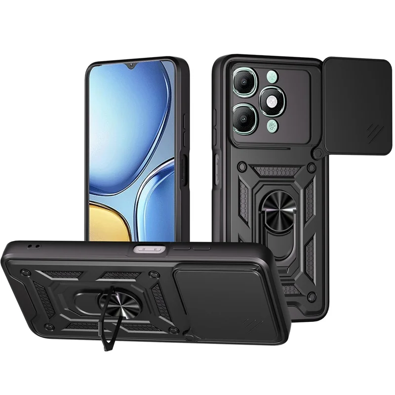 For itel A90 4G Case with Slide Camera Lid PC + TPU Kickstand Phone Cover - Black