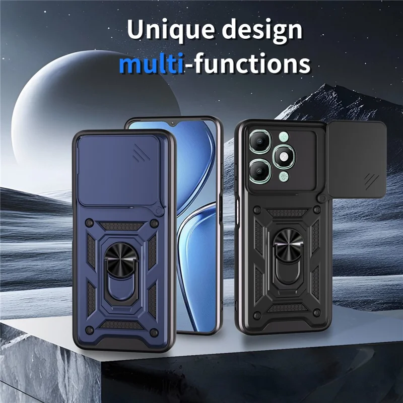 For itel A90 4G Case with Slide Camera Lid PC + TPU Kickstand Phone Cover - Black
