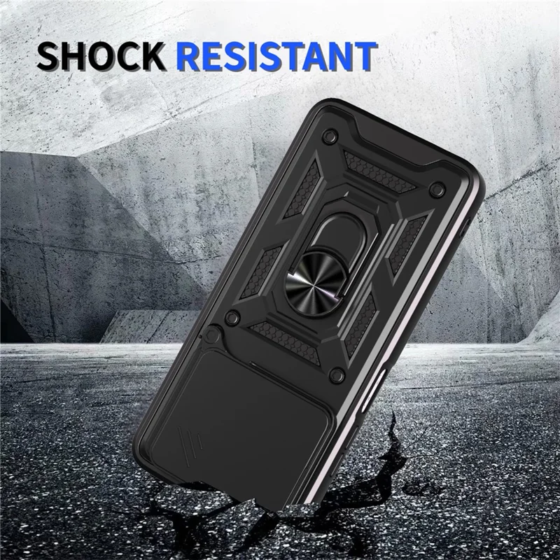 For itel A90 4G Case with Slide Camera Lid PC + TPU Kickstand Phone Cover - Black