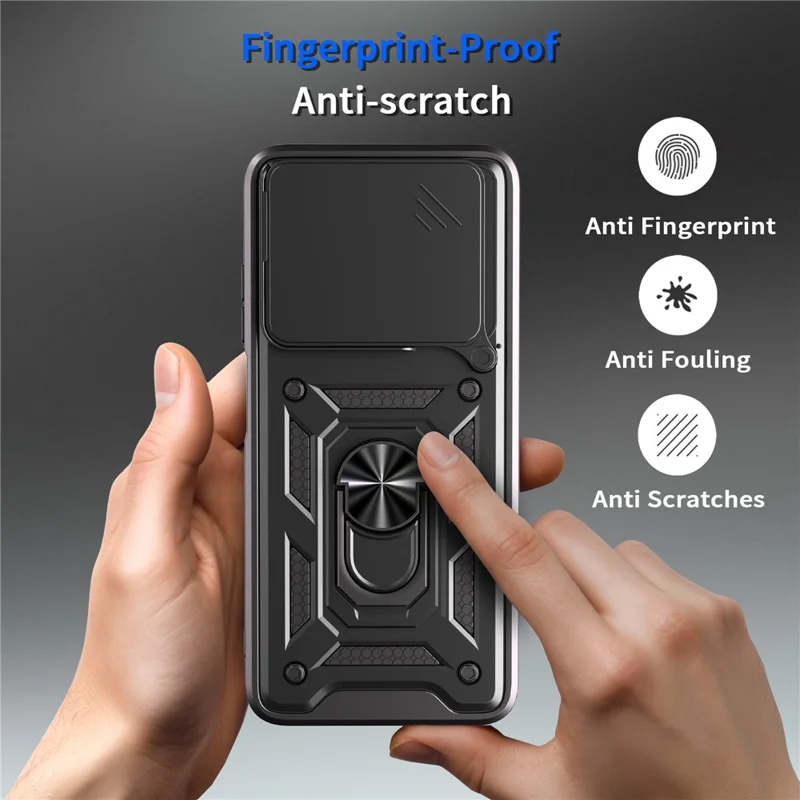 For itel A90 4G Case with Slide Camera Lid PC + TPU Kickstand Phone Cover - Black