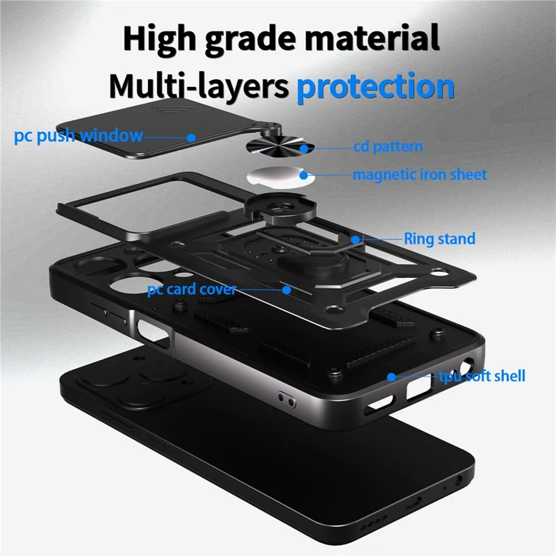 For itel A90 4G Case with Slide Camera Lid PC + TPU Kickstand Phone Cover - Black