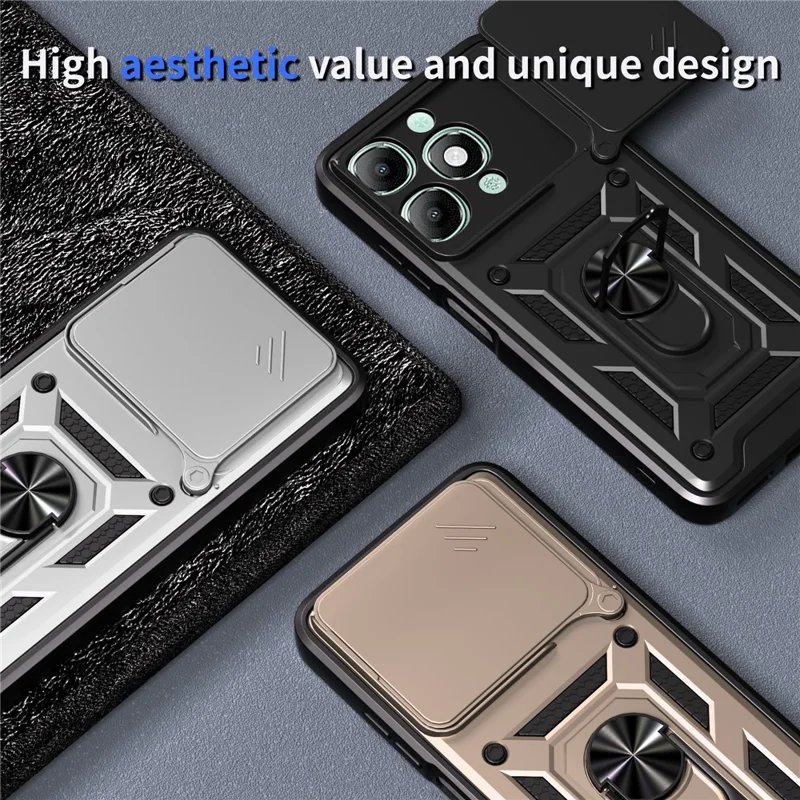For itel A90 4G Case with Slide Camera Lid PC + TPU Kickstand Phone Cover - Black