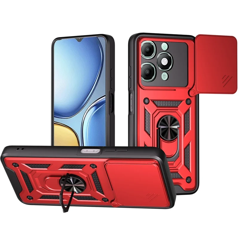 For itel A90 4G Case with Slide Camera Lid PC + TPU Kickstand Phone Cover - Red