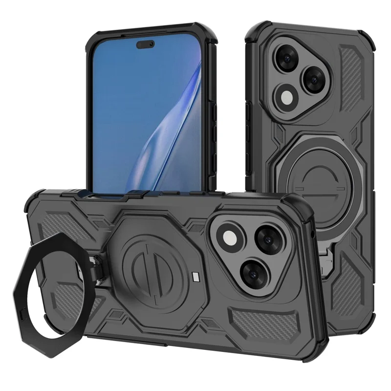 For Honor 400 Lite 5G Magnetic Case Rotating Metal Kickstand Shockproof PC + TPU Phone Back Cover - Black
