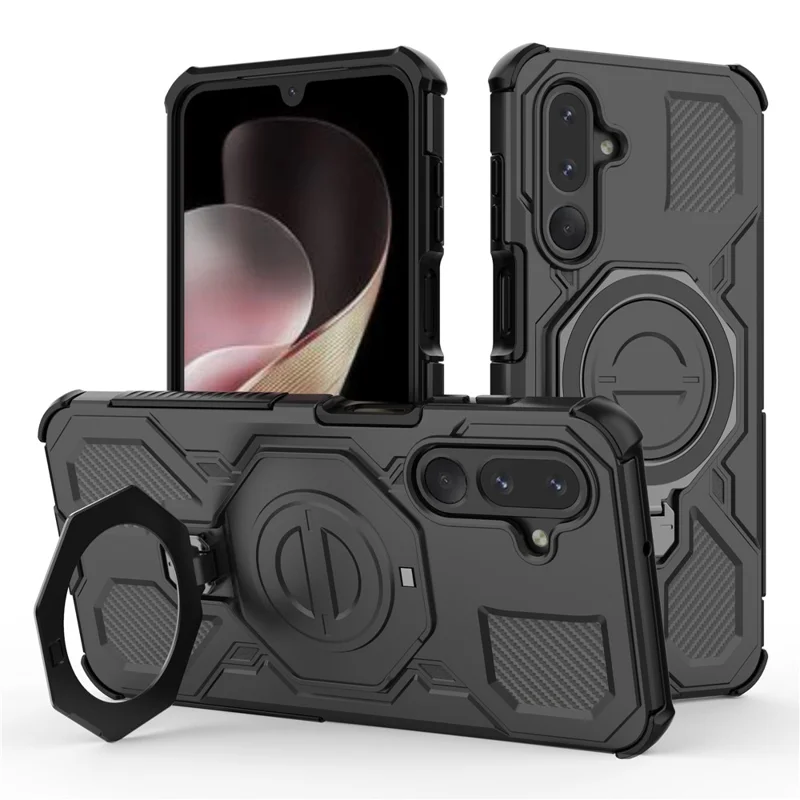 For Samsung Galaxy M36 5G Magnetic Case Rotating Metal Kickstand Shockproof PC + TPU Phone Back Cover - Black
