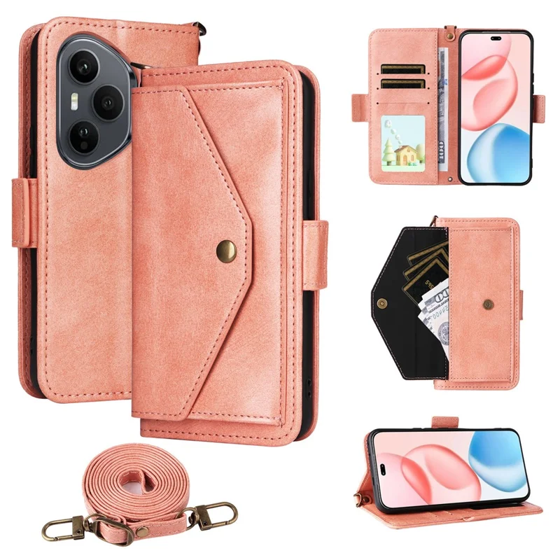 For Honor 400 Pro 5G (Global) Leather Case Magnetic Closure Wallet Stand Phone Cover with Crossbody Strap - Pink