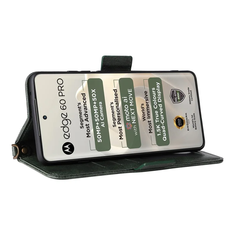 For Motorola Edge 60 Pro 5G Leather Case Magnetic Closure Wallet Stand Phone Cover with Crossbody Strap - Green