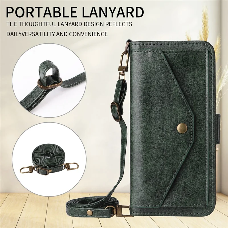 For Motorola Edge 60 Pro 5G Leather Case Magnetic Closure Wallet Stand Phone Cover with Crossbody Strap - Green
