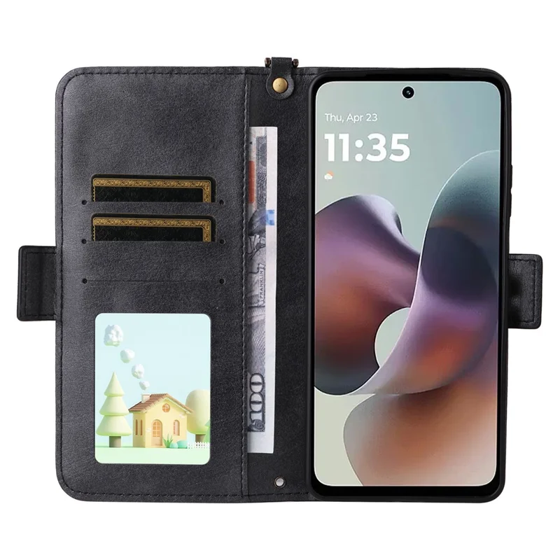 Pour Motorola Moto G56 5G Étui en cuir Fermeture magnétique Portefeuille Support Housse de téléphone avec Bandoulière - Noir