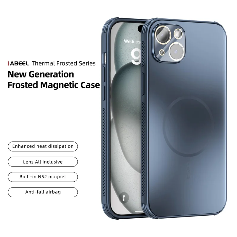 ABEEL For iPhone 15 Magnetic Case TPU PC Cooling Matte Phone Back Cover with Lens Film - Blue