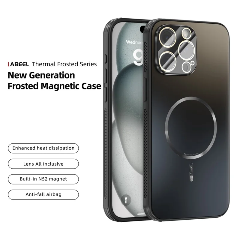 ABEEL For iPhone 15 Pro Max Magnetic Case TPU PC Cooling Matte Phone Back Cover with Lens Film - Black
