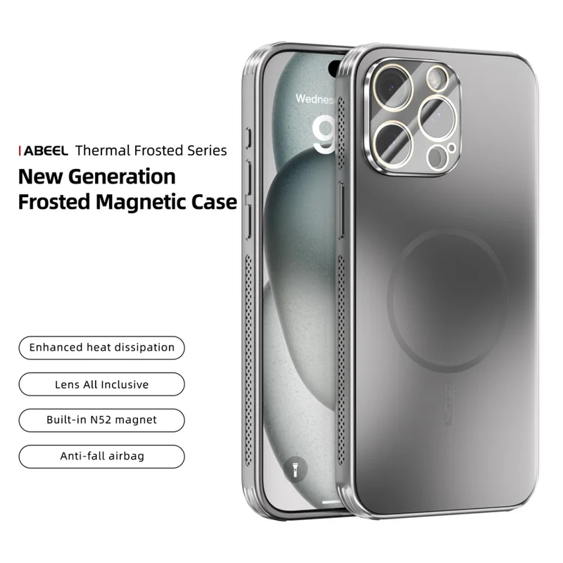 ABEEL For iPhone 15 Pro Max Case Compatible with MagSafe TPU PC Cooling Matte Phone Back Cover with Lens Film - Titanium Grey