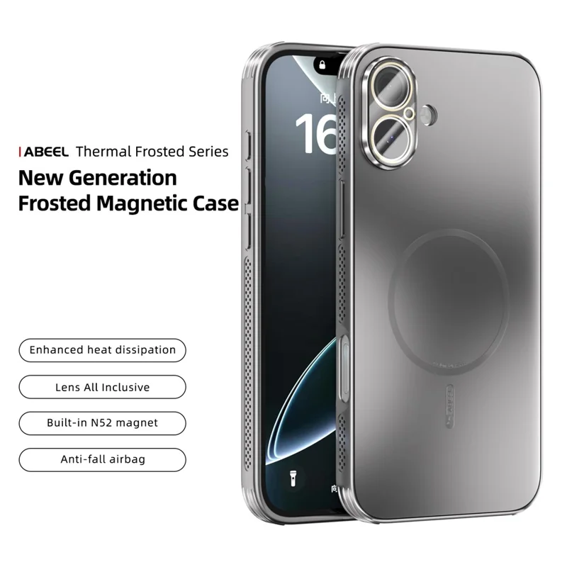ABEEL For iPhone 16 Magnetic Case TPU PC Cooling Matte Phone Back Cover with Lens Film - Titanium Grey